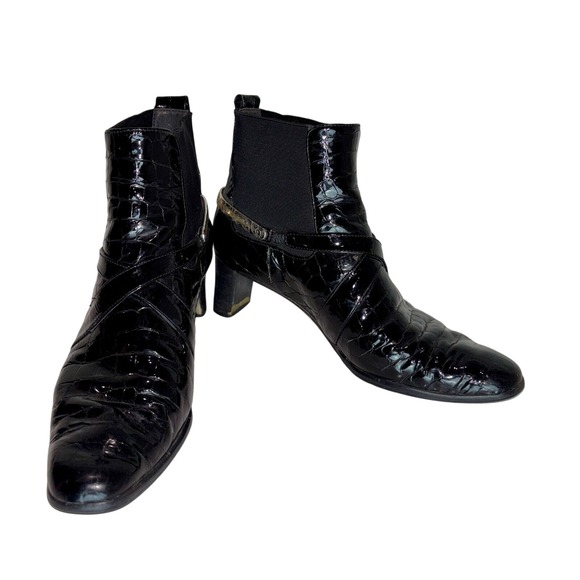 Brighton Trophy Heeled Ankle Booties Womens 7 Black Croc Alligator Shiny Leather - Picture 1 of 12